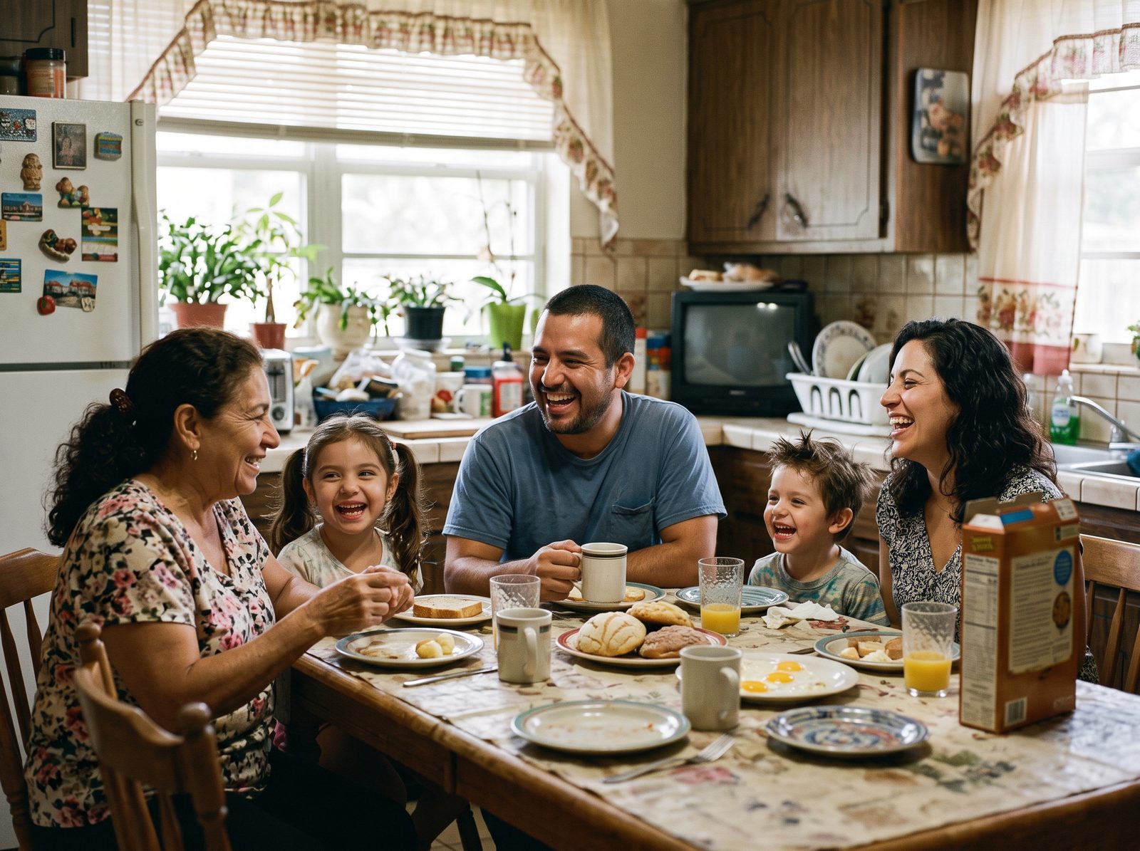 Familia hispana desayunando y riendo en la mesa de su cocina
